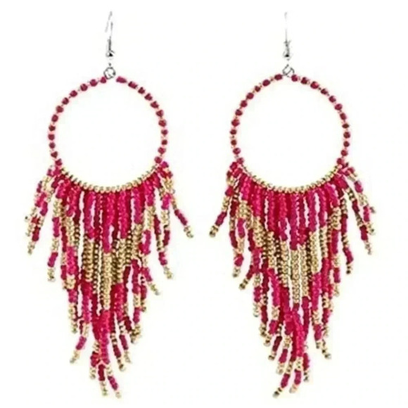 Dark Pink & Gold Multicolor Seed Bead Circle & Tassel Large Drop Earrings NWT - Picture 1 of 4